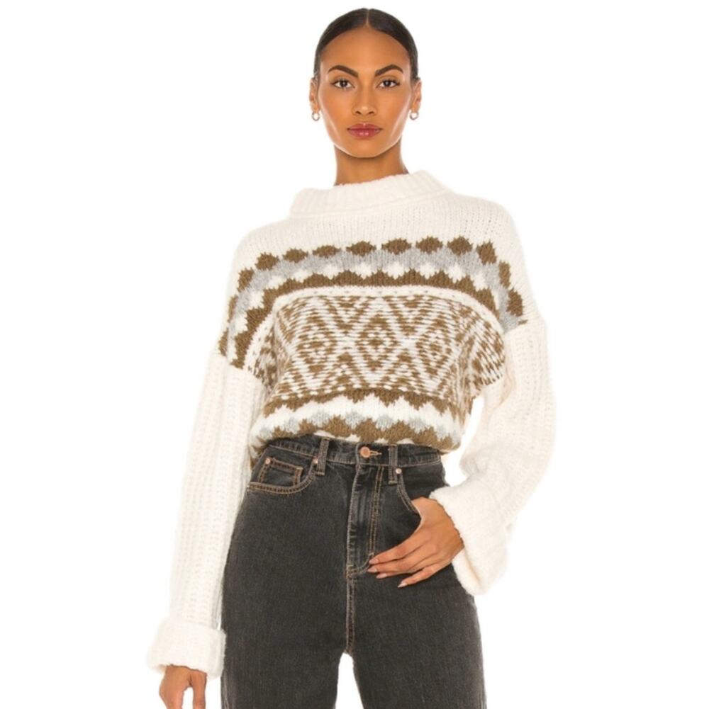 Free People Alpine Crop Mock Neck Sweater Wool Alpaca Fair Isle Boho Ivory M